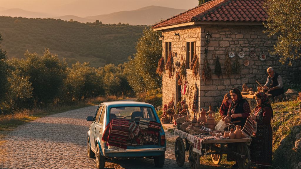 Display of Albanian ceramics and metalwork at Kruja Bazaar