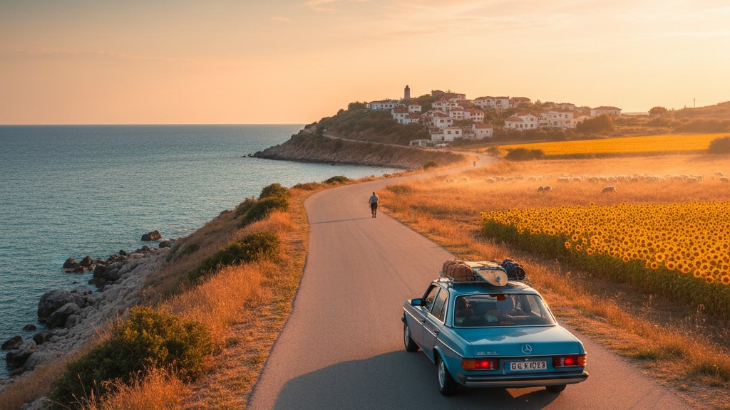 Scenic coastal road along Albanian Riviera with clear skies and turquoise sea