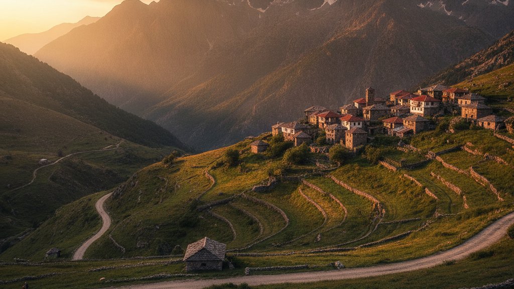 Pueblo tradicional de montana en Albania rodeado de picos