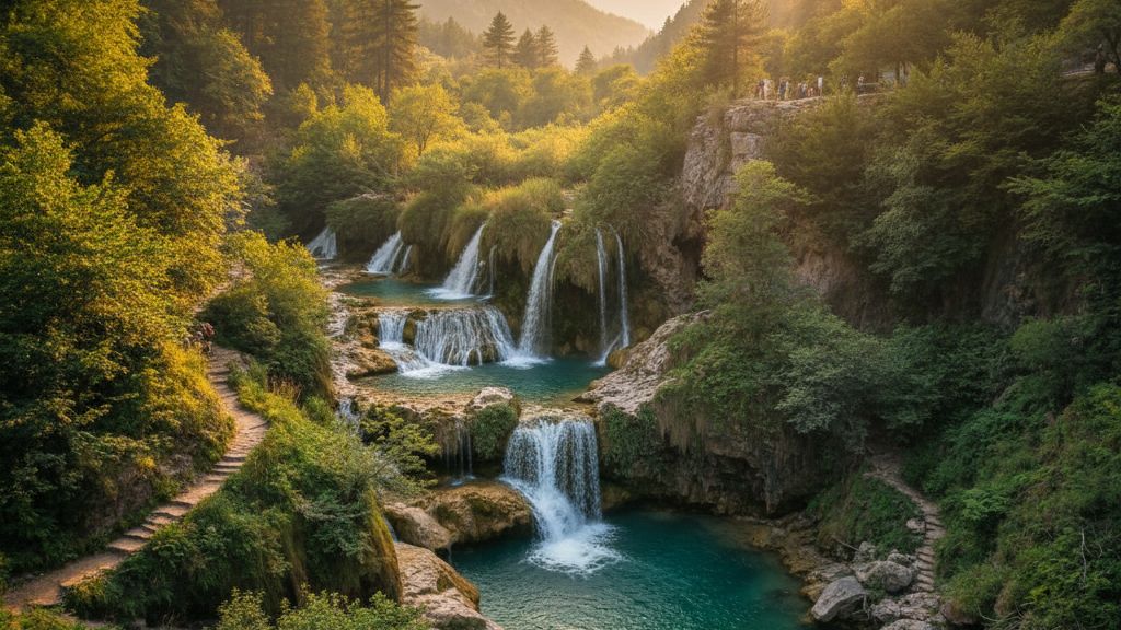 Vista panoramica de cascadas en valle montanoso de Albania con vegetacion exuberante