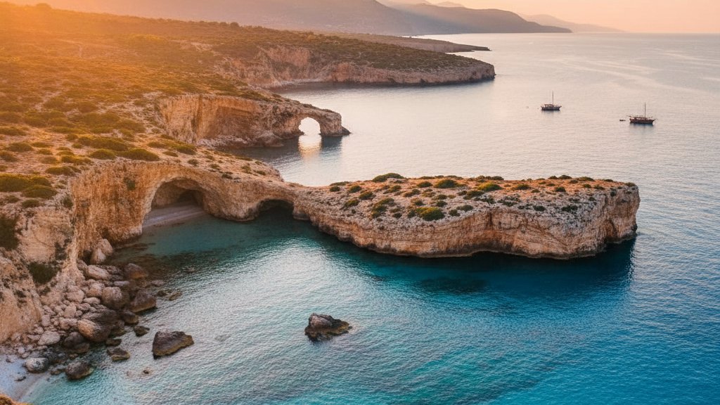 Underwater cave entrance with sunlight filtering through clear turquoise water and rock formations