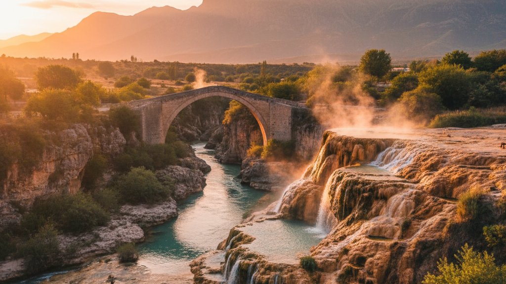 Ottoman stone bridge spanning river near thermal bath complex in Albanian mountains