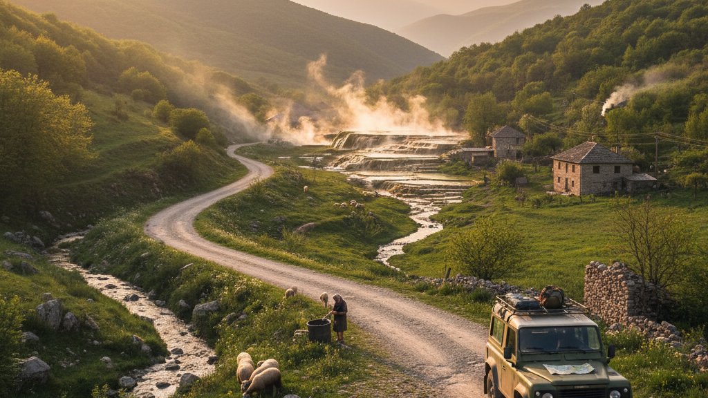 Natural thermal pools with turquoise water nestled in rocky Albanian canyon landscape