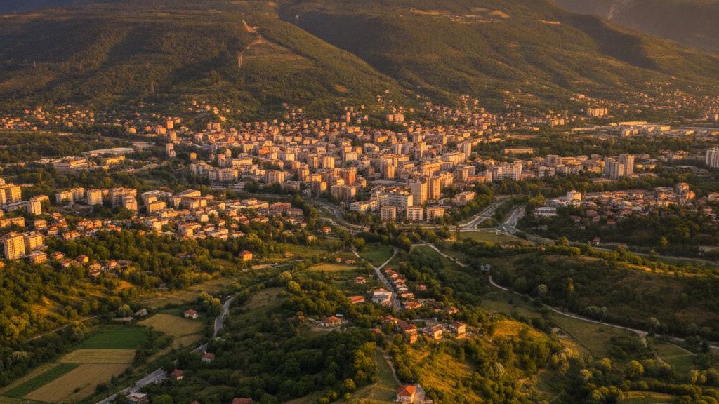 Mount Dajti cable car with view over Tirana city and valley