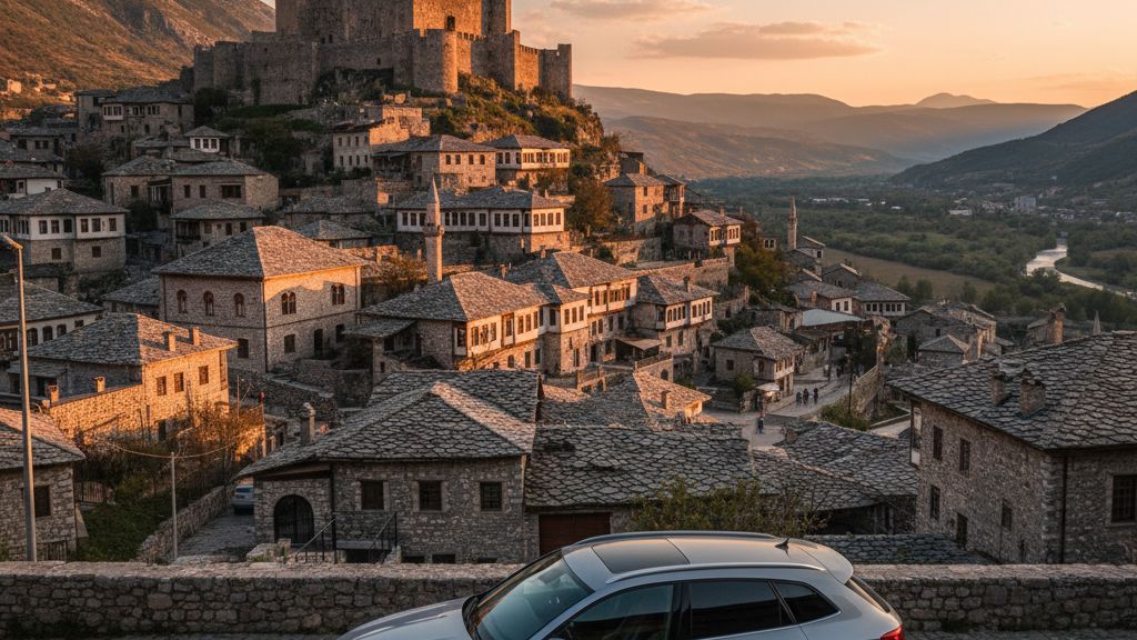 Historische Steinhauser und Burg in Gjirokastra Sudalbanien