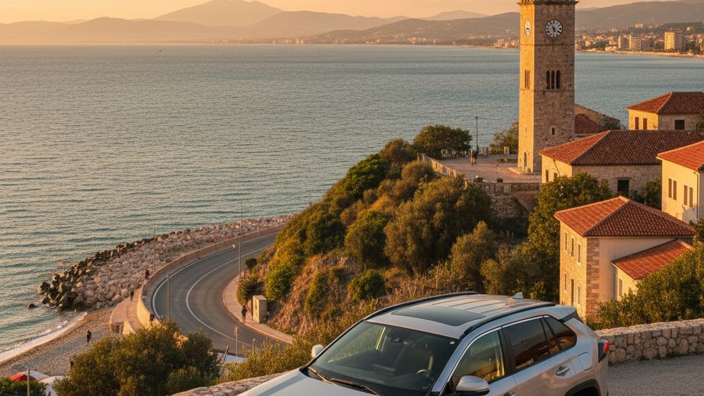 Costa do Adriatico em Kavaje com vista para a praia e estrada entre Durres e Vlora