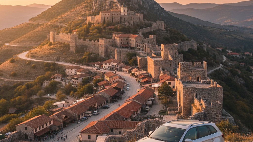 Citadelle historique de Kruje avec vue sur la plaine albanaise depuis la montagne