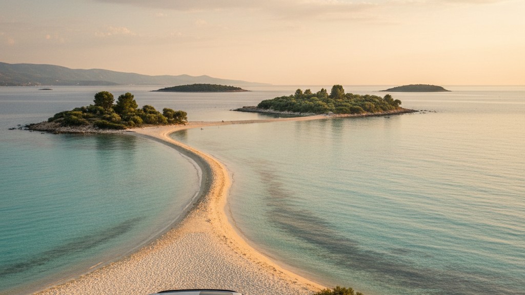 Ksamil beach with turquoise water and rental cars parked near the coast