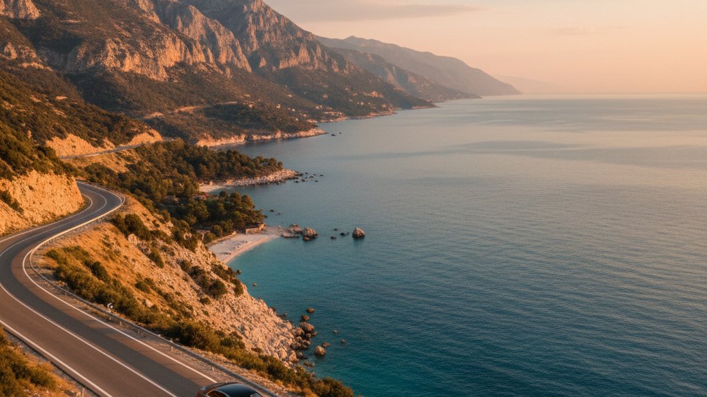 Mercedes-Benz rental car on Albanian coastal road with mountains