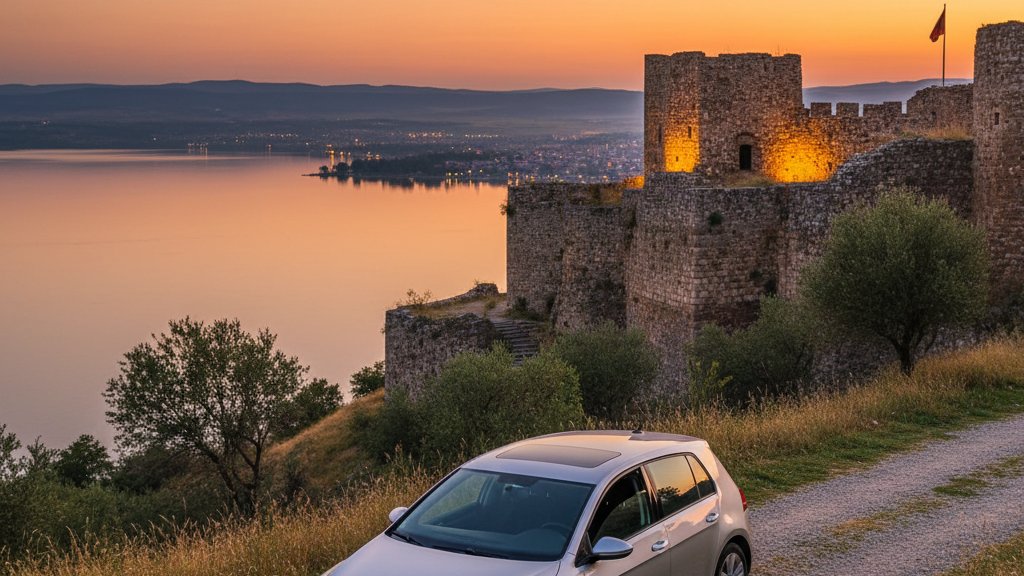 Shkoder lakefront with Rozafa Castle in the background northwestern Albania