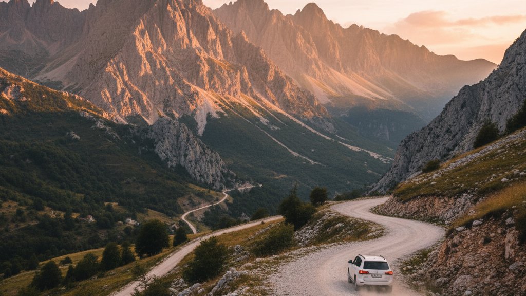 SUV auf Bergstrasse in Albanien mit Panoramablick uber die albanischen Alpen