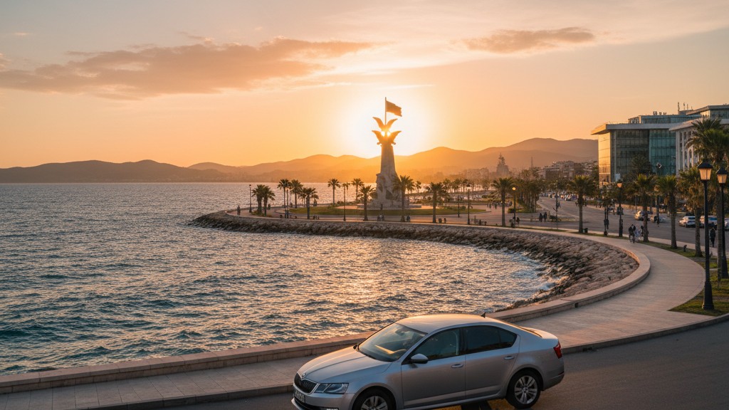 Vlore waterfront promenade with palm trees overlooking the Adriatic Sea