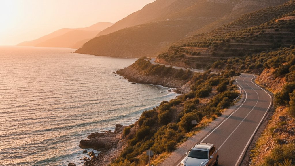 Volkswagen rental car on Albanian coastal road with mountains in background
